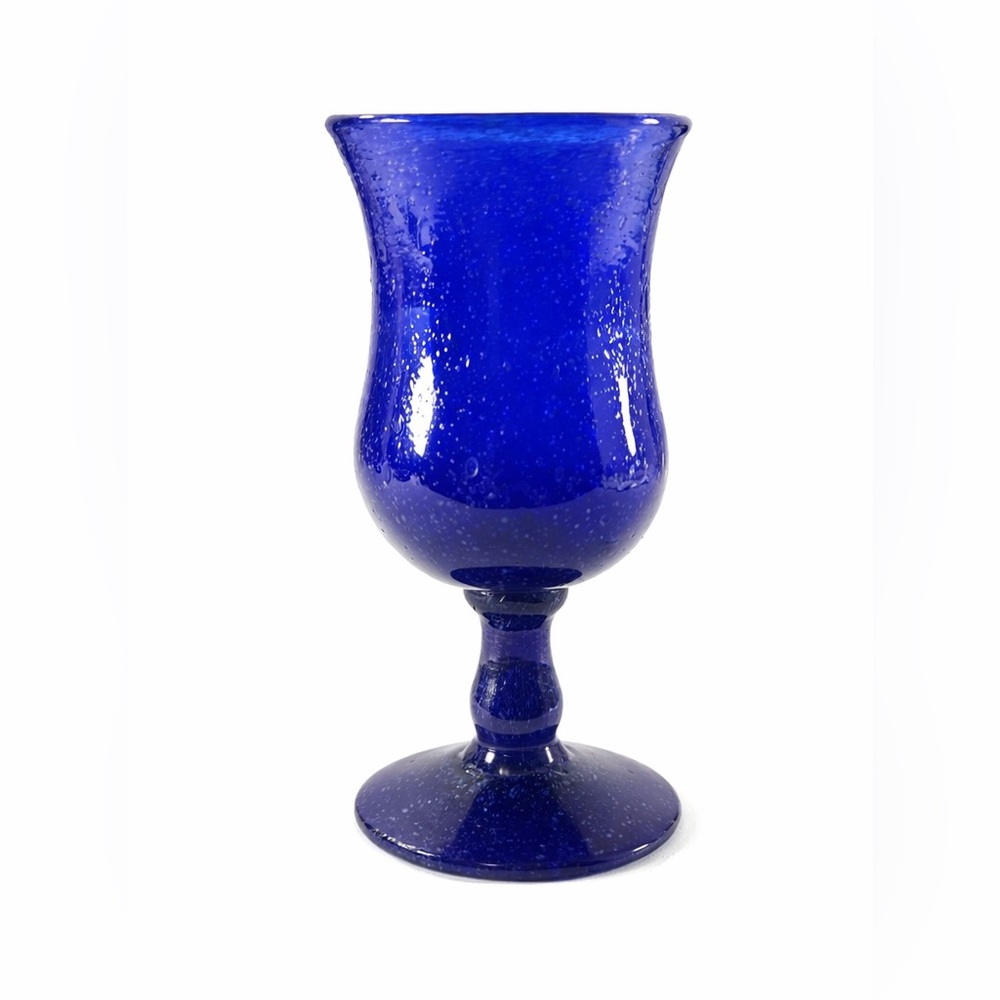 Vintage Cobalt Blue Hand Blown Glass Goblet Vase Controlled Bubble 5.5”